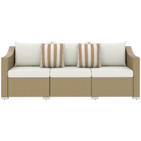 Rattan Wicker 3 Seater Patio Couch with Cushions, 2 Throw Pillows, Outdoor Furniture Rattan Sofa, Cream White
