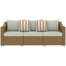 Rattan Wicker 3 Seater Patio Couch with Cushions, 2 Throw Pillows, Outdoor Furniture Rattan Sofa, Light Gray