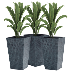 Rattan-Style Plastic Planters with Drainage Holes, Set of 3 - 24 Inch Height, Grey