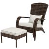 Patio Wicker Adirondack Chair with Ottoman, Cream White Cushions, High-Back & Large Seat, Outdoor Fire Pit Chair, Deck, Garden, Backyard