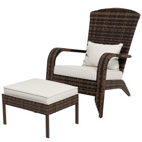 Patio Wicker Adirondack Chair with Ottoman, Cream White Cushions, High-Back & Large Seat, Outdoor Fire Pit Chair, Deck, Garden, Backyard