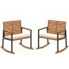 Acacia Wood Outdoor Lawn Rocking Chair Set of 2, Outdoor Patio Rocking Chairs with Armrests, Cushion, Cream White