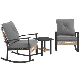 3 Pieces Bistro Set, Patio Wicker Furniture Set with Button Tufted Cushions, Rattan Rocking Chairs, Coffee Table, Gray