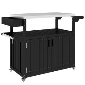 Outdoor Bar Cart with Storage, Stainless Steel Outdoor Bar Table Top, Wheeled HDPE Kitchen Island for Food Prep, Black
