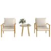 3 Piece Outdoor Bistro Set, Wood Effect Metal Patio Set with Wide & Deep Chairs, Round Table and Cushions, Cream White