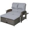 Patio Rattan Daybed, Wicker Outdoor Daybed with Storage Ottoman, Loveseat w/ Adjustable Backrest, Side Tables, Gray