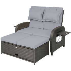 Patio Rattan Daybed, Wicker Outdoor Daybed with Storage Ottoman, Loveseat w/ Adjustable Backrest, Side Tables, Gray