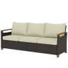 3 Seater Outdoor Couch Sofa, PE Wicker Patio Sofa, Wide Deep Seat, 4" Cushions, Wood-Effect Armrests Legs, Beige