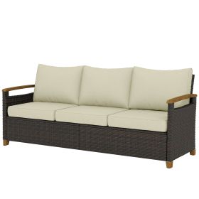 3 Seater Outdoor Couch Sofa, PE Wicker Patio Sofa, Wide Deep Seat, 4" Cushions, Wood-Effect Armrests Legs, Beige
