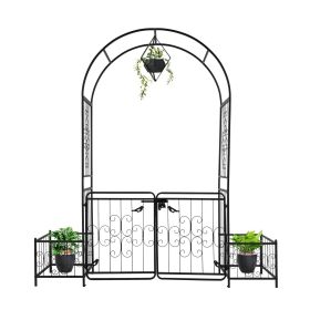 7.2ft Black Iron Garden Arch with Arched Top and Gate Metal Arbor Trellis with Planter Boxes Outdoor Decorative Archway for Climbing Plants Backy