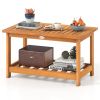Sturdy Slatted Outdoor Coffee Table with Lower Shelf, Indoor Outdoor Multi-Purpose Center Table