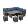 7 Piece Wicker Patio Dining Set 9-Seat Outdoor Sectional Blue Cushions Sofa with Ottomans & Dining Table Porch Backyard Garden