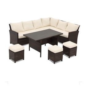7 Piece Wicker Patio Dining Set, 9-Seat Outdoor Sectional Ivory Cushions Sofa with Ottomans & Dining Table Porch Backyard Garden