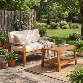 2-Piece Outdoor Teak Acacia Wood Conversation Set - Loveseat & Coffee Table with Beige Water-Resistant Cushions, 350lbs Capacity for Patio