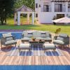6-Pieces All Weather PE Wicker Sofa Set, Outdoor Rattan sofa With Double Cushions, Wood Legs Wood Table Top, Beige and Gray