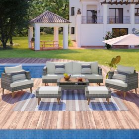 6-Pieces All Weather PE Wicker Sofa Set, Outdoor Rattan sofa With Double Cushions, Wood Legs Wood Table Top, Beige and Gray