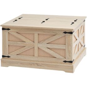Rattan Coffee Table, Rectangle PE Rattan Woven Wood Coffee Table with MDF Top, 32-Inch Modern Boho Style Storage Coffee Table with Retro Metal Hinges