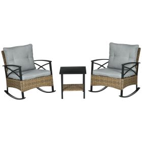 Rocking Bistro Set 3PC Wicker Outdoor Furniture with Rocker Chairs Cushions Coffee Table Light Grey