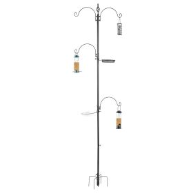 93 Inch Black Detachable Bird Feeding Station with 4 Hooks Heavy Duty Outdoor Metal Pole Bird Feeder Hanger Stand for Garden Yard Backyard Attracting