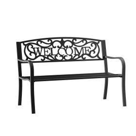 50" 2-Person Garden Bench Loveseat with Cast Iron Decorative Welcome Vines, Outdoor Patio Bench for Backyard, Porch, Entryway