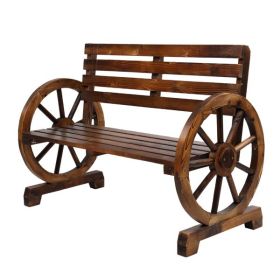 [Replace 28138436]Rustic 2-Person Wooden Wagon Wheel Bench with Slatted Seat and Backrest, Brown