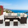 7 Piece Wicker Patio Dining Set, 9-Seat Outdoor Sectional Ivory Cushions Sofa with Ottomans & Dining Table Porch Backyard Garden