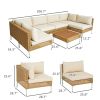 7 Piece Wicker Patio Furniture Set, Modular Outdoor Sectional with Thickened Cushions, Acacia Wood Table, Khaki/Beige
