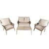 Direct Wicker 4-Piece Acacia Wood Outdoor Patio Conversation Set, Solid Wood Bench, 2 Single Chairs & Coffee Table with Thick Cushions