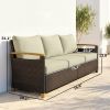 3 Seater Outdoor Couch Sofa, PE Wicker Patio Sofa, Wide Deep Seat, 4" Cushions, Wood-Effect Armrests Legs, Beige