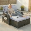 Patio Rattan Daybed, Wicker Outdoor Daybed with Storage Ottoman, Loveseat w/ Adjustable Backrest, Side Tables, Gray