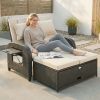 Patio Rattan Daybed, Wicker Outdoor Daybed with Storage Ottoman, Loveseat with Adjustable Backrest, Side Tables, Beige