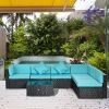 7-Piece Wicker Patio Conversation Set with Cushions & Glass Table, Turquoise