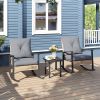 3 Pieces Bistro Set, Patio Wicker Furniture Set with Button Tufted Cushions, Rattan Rocking Chairs, Coffee Table, Gray