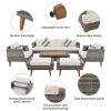 6-Pieces All Weather PE Wicker Sofa Set, Outdoor Rattan sofa With Double Cushions, Wood Legs Wood Table Top, Beige and Gray