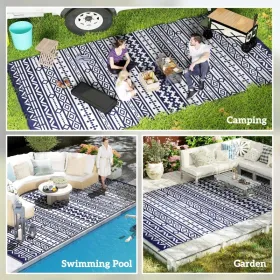 Reversible Outdoor Rug, Waterproof Plastic Straw with Carry Bag, 9' x 18', Blue & White Geometric Wall