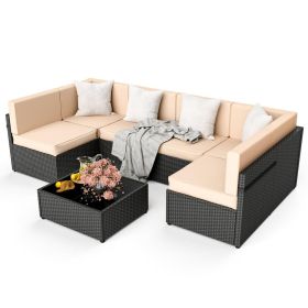 Pamapic Rattan Outdoor Sectional Couch Set (7 Pieces) (Color: Beige)